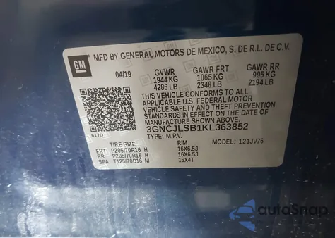 2019 Chevrolet Trax Lt из США, поврежденный, VIN 3GNCJLSB1KL363852